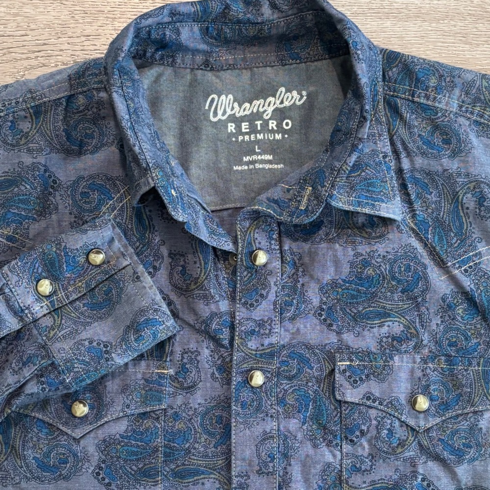 Wrangler Retro Premium Western Snap Shirt Mens Large Blue Paisley Cowboy Casual